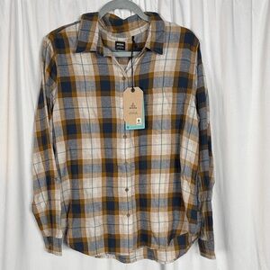 Prana Women's Plaid Alfie Flannel Button Down Shirt - Blue, Tan, White